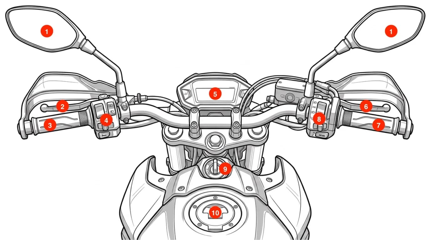 Cockpit eines Motorrads von oben: Spiegel, Hebel, Lenkerarmaturen, Display, Zündschloss und Tankdeckel mit Ziffern 1 bis 10 markiert
