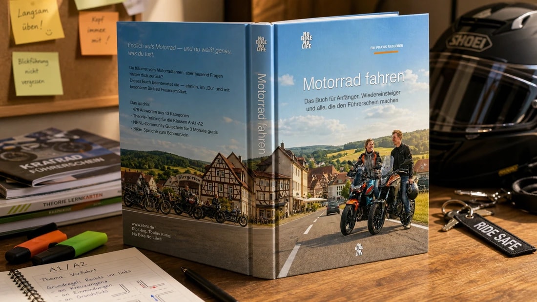 El libro impreso «Motorrad fahren» sobre un escritorio, junto a un casco y material de estudio – imagen creada con IA