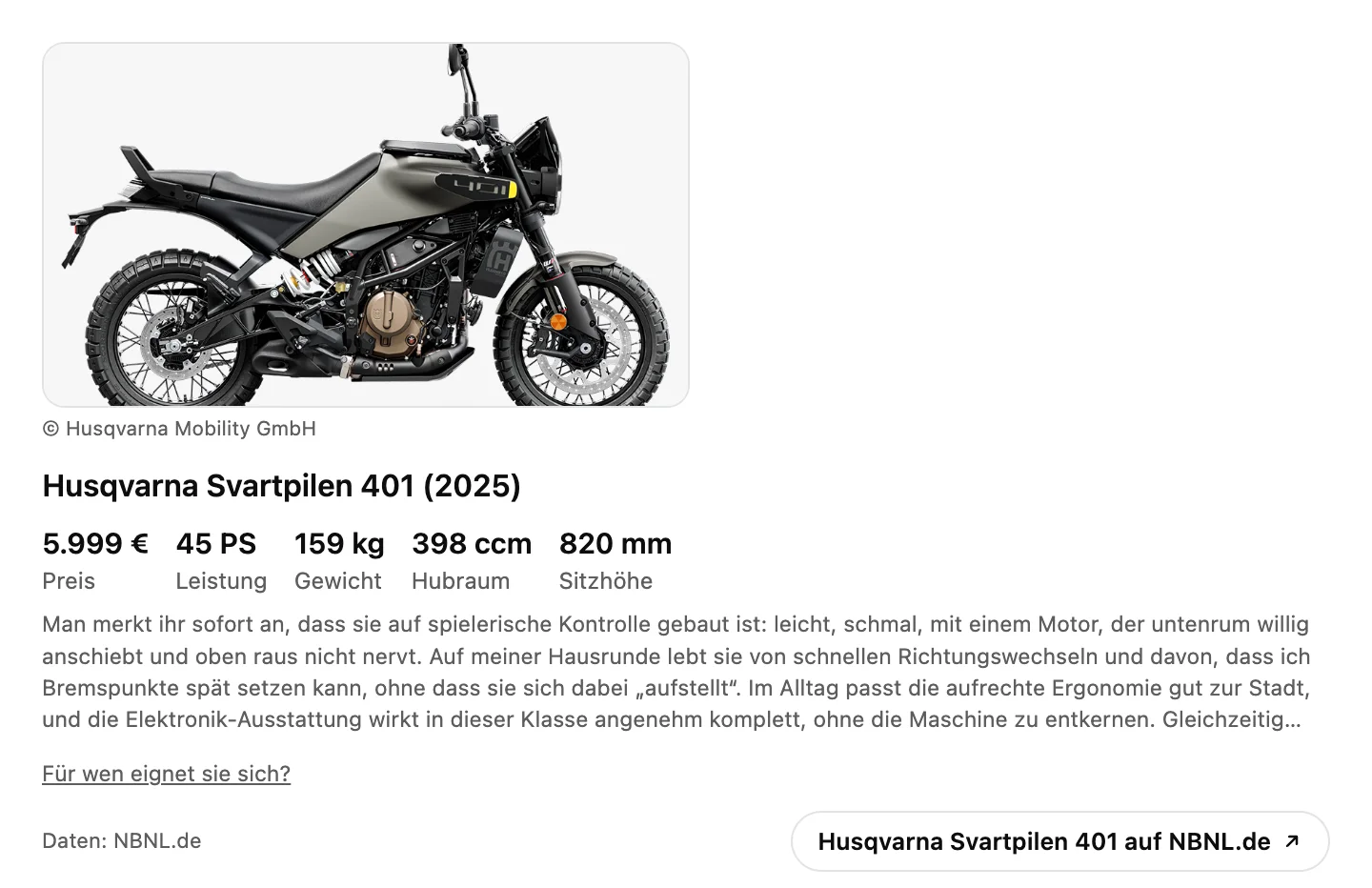 Ficha técnica de la Husqvarna Svartpilen 401 (2025) en el chat: foto de fabricante con crédito fotográfico, 5.999 euros, 45 CV, 159 kg, 398 cc, 820 mm de altura de asiento y el veredicto de NBNL.
