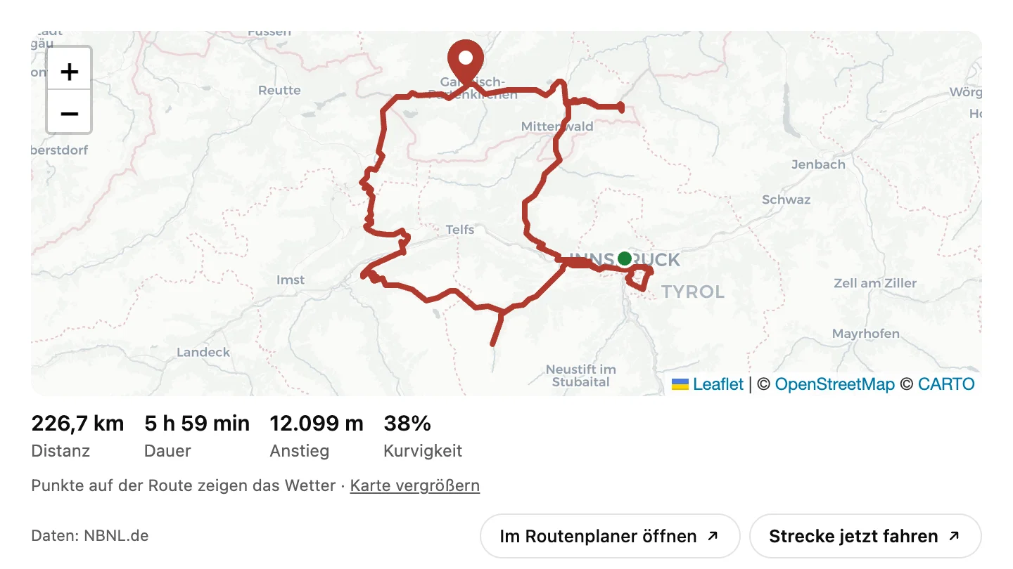 Ruta circular desde Garmisch-Partenkirchen en un mapa, debajo 226,7 km de distancia, 5 h 59 min de duración, 12.099 m de ascenso y 38 por ciento de sinuosidad.