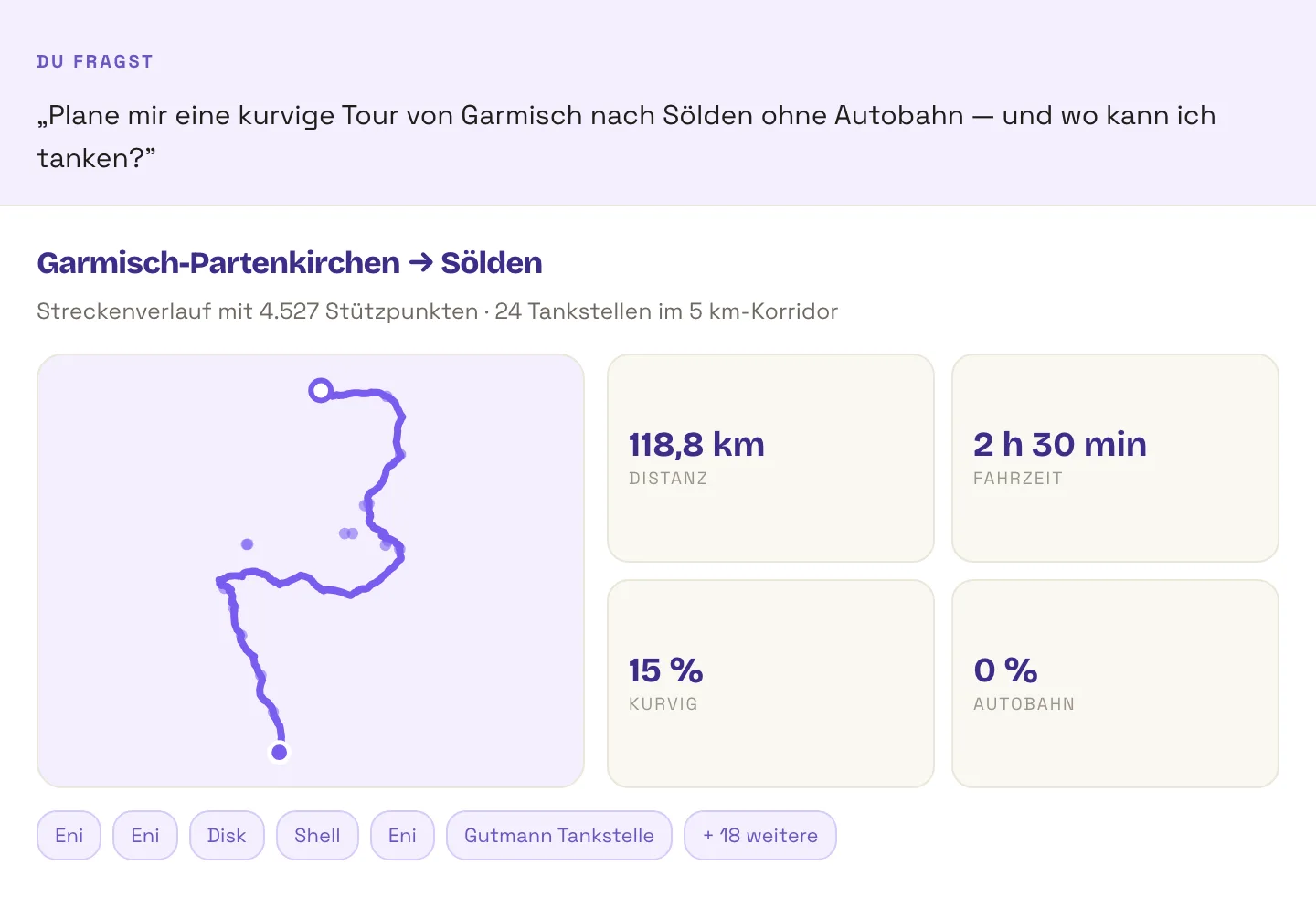 Ruta de moto planificada de Garmisch-Partenkirchen a Sölden como línea con gasolineras marcadas, debajo 118,8 km de distancia, 2 horas 30 minutos de conducción, 15 por ciento de tramo con curvas y 0 por ciento de autopista. 24 gasolineras en el corredor de 5 kilómetros.