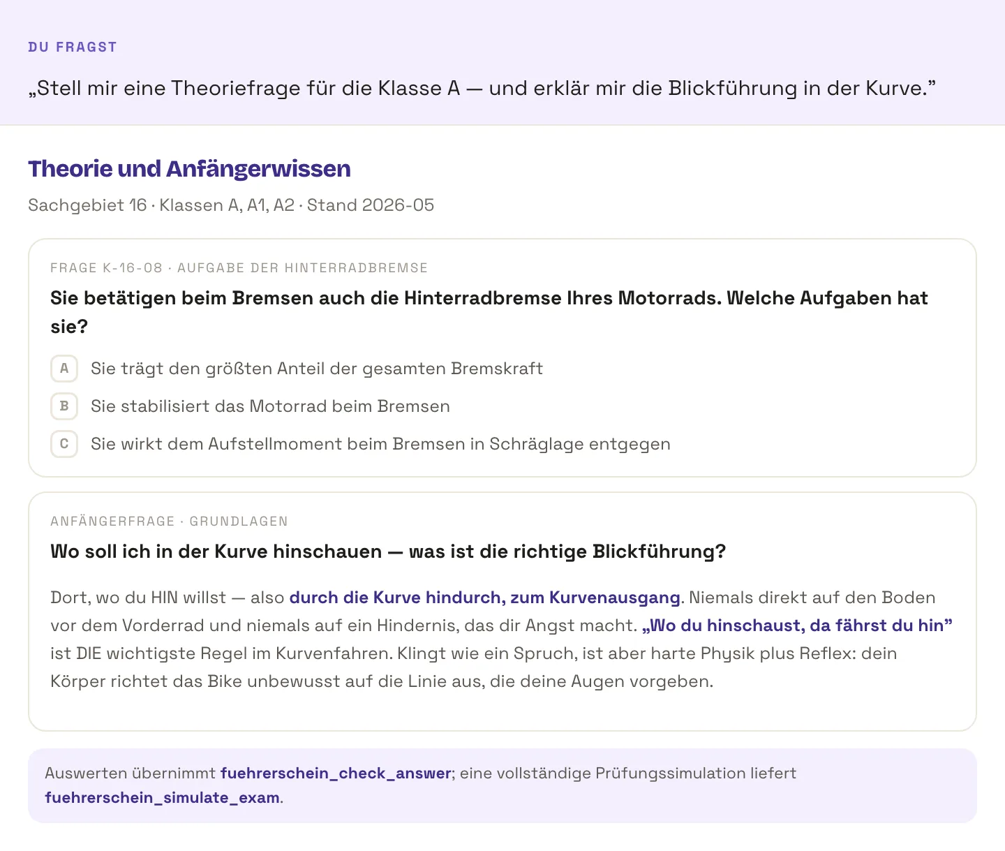 Pregunta de teórico K-16-08 del área 16 para las categorías A, A1 y A2 sobre la función del freno trasero con tres respuestas posibles, debajo la pregunta para principiantes sobre la mirada correcta en curva con respuesta redactada.